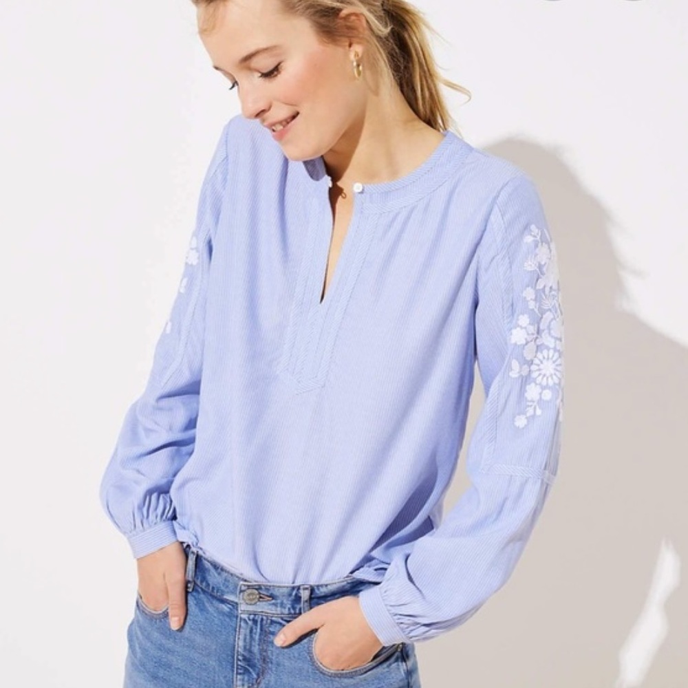 LOFT Blue Striped Embroidered Blouse Sz S